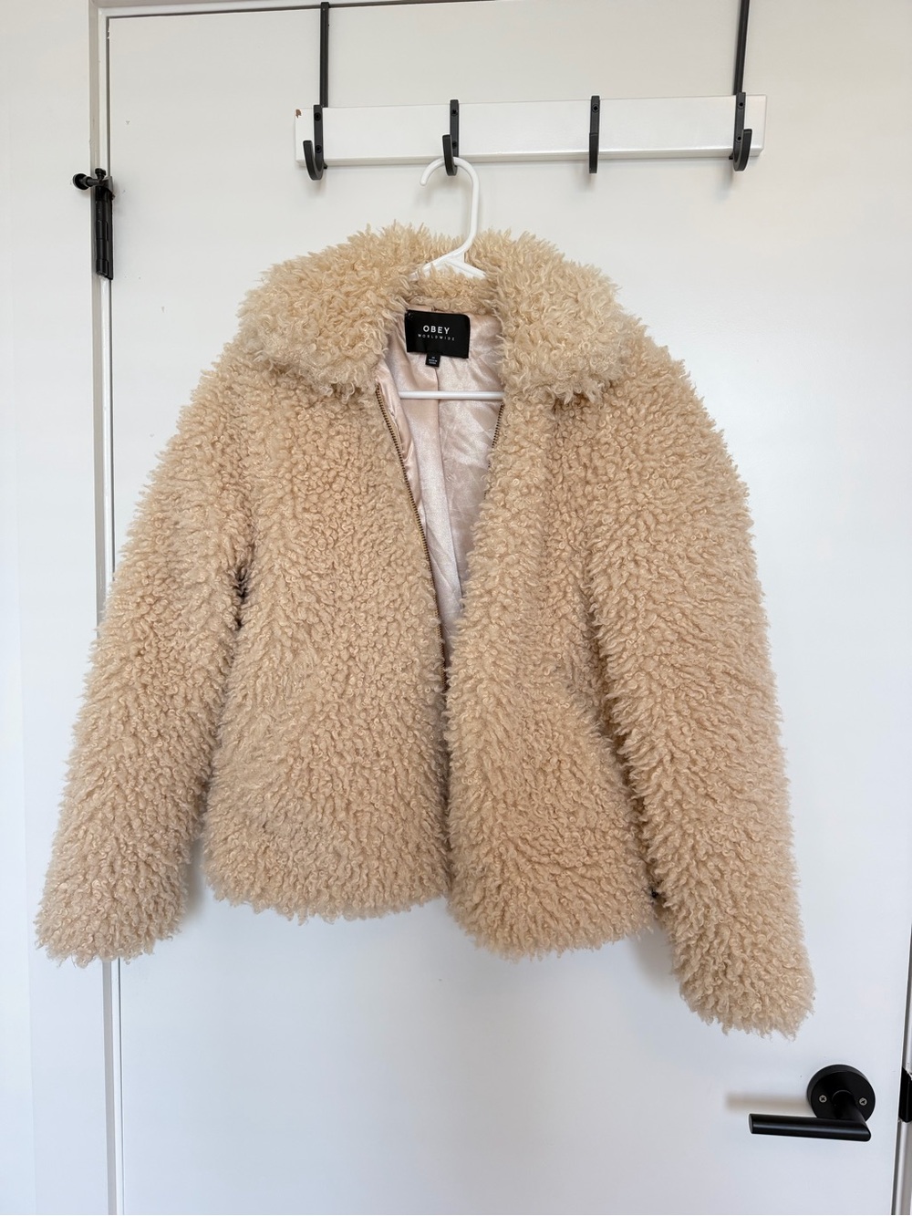 Obey Beige Teddy Cropped Sherpa Jacket